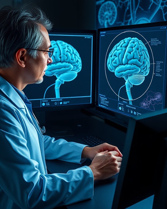 Neurologist analyzing brain map