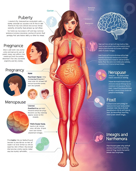 Immagine che illustra il corpo femminile e le sue fasi ormonali durante la vita.
