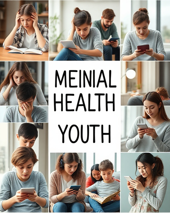 Montage of people looking stressed and on devices with ‘MEINIAL HEALTH YOUTH’ text in the middle.