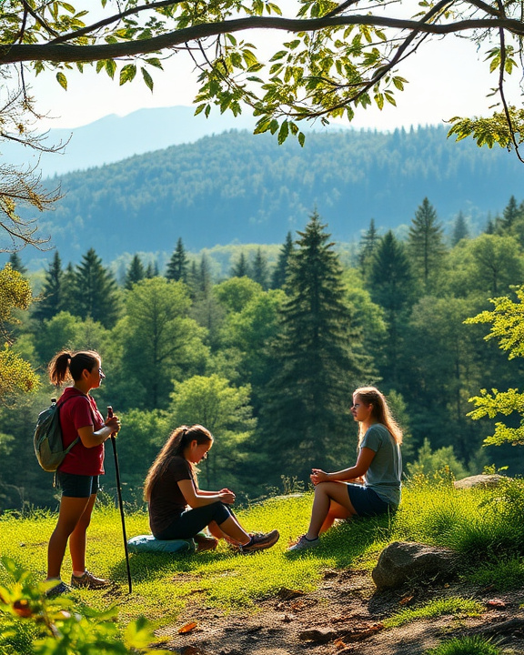 A group of young people talking outside in nature.