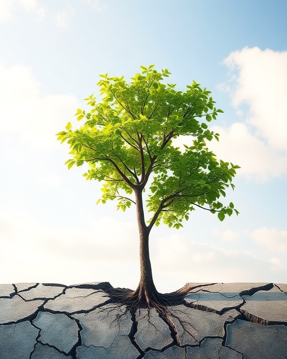 A green tree growing out of cracked, dry earth under a clear sky with sparse clouds, symbolizing resilience.