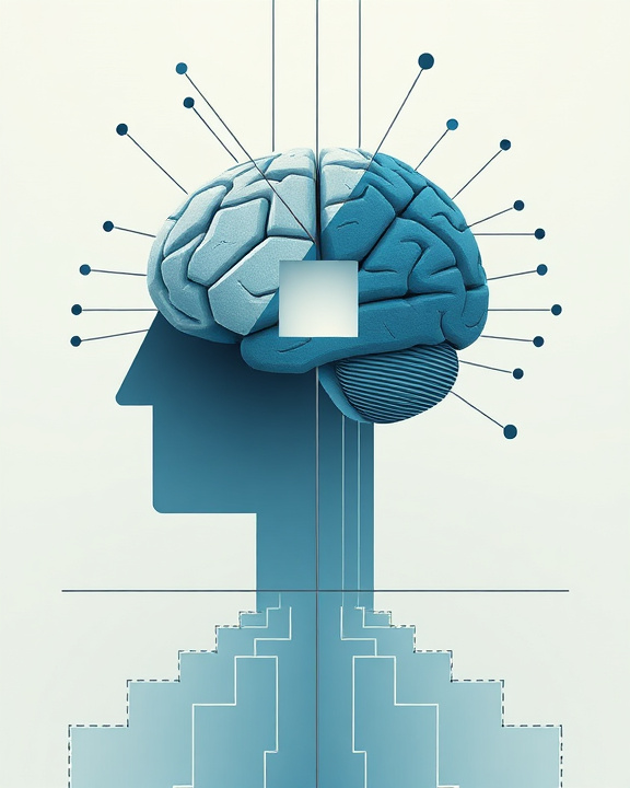 A human-like brain with blue and white colors and blue neural connections going towards a geometric building in the bottom
