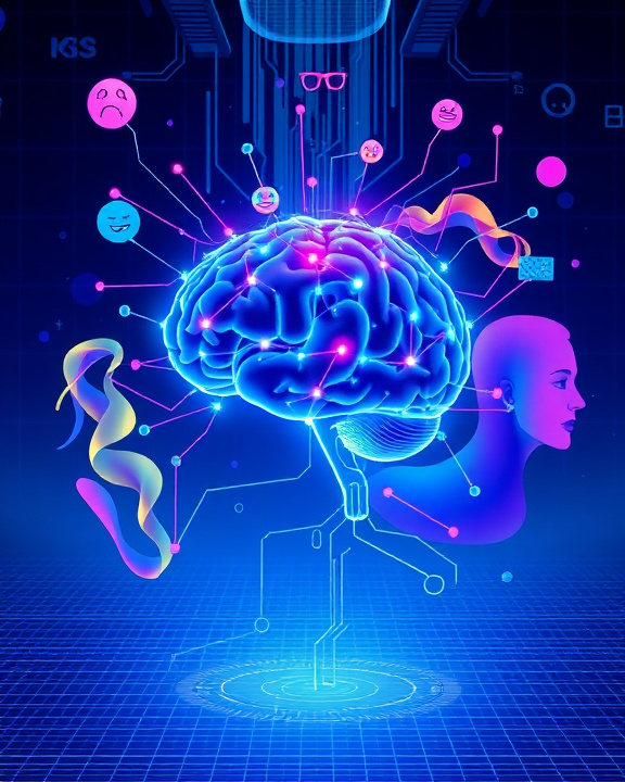 Brain with colorful neural connections and the top of a human head, showing glasses, a person smiling and a person crying