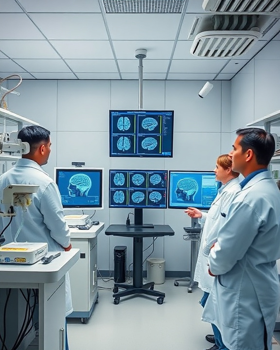 Scientific team in a lab room with screens showing brain images.