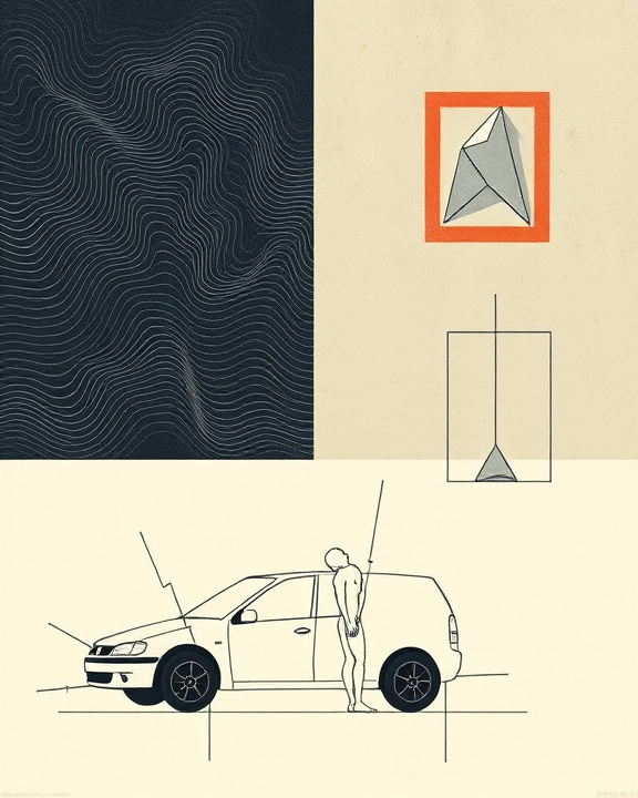 Two images representing a car and a man, with lines indicating connections or impacts between them, as well as a geometric shape on the left