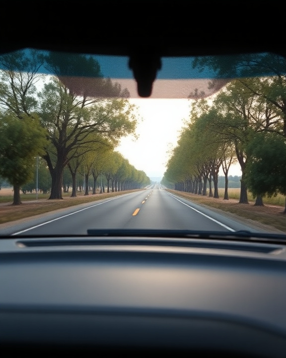 Vista attraverso il parabrezza di un'auto su una strada tranquilla e serena