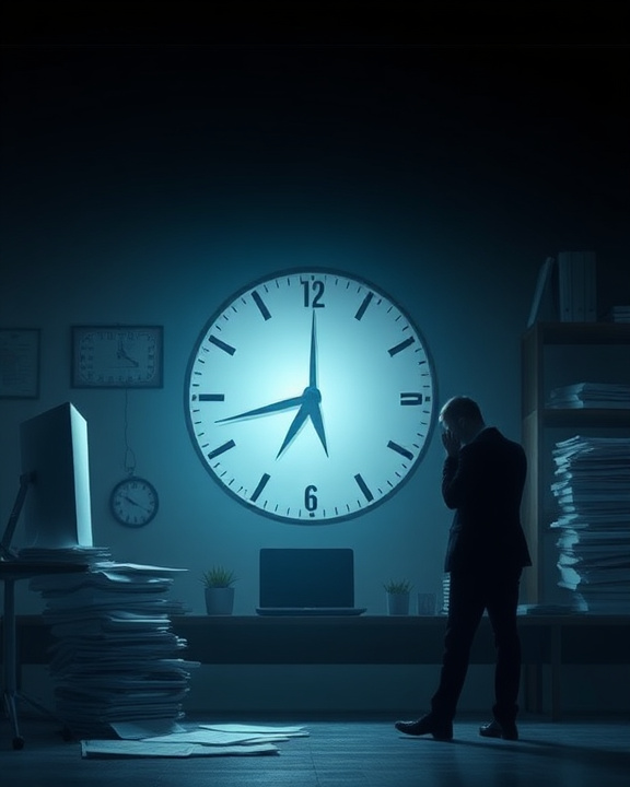Un uomo, stressato, si tiene la testa tra le mani in un ufficio poco illuminato. Una grande sveglia indica che è quasi l'una di notte. La scrivania è sommersa di scartoffie, e la scena trasmette un senso di isolamento e sovraccarico di lavoro.