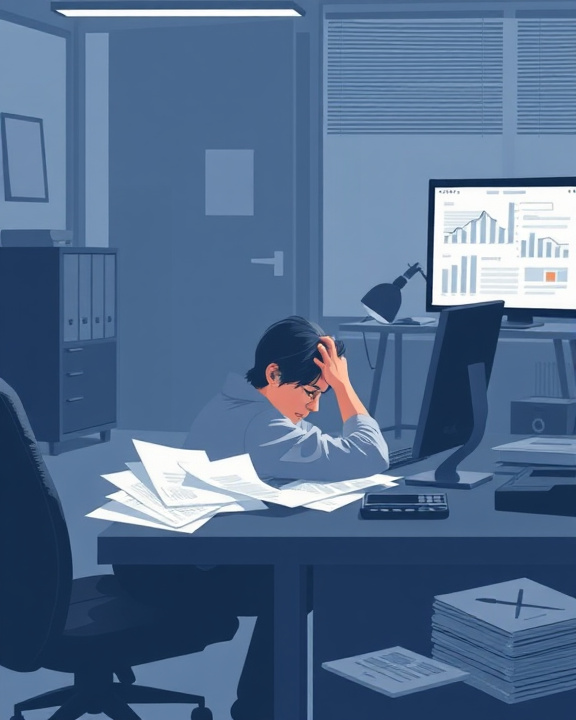 Persona con la testa tra le mani, seduta di fronte a un computer con molti documenti sparsi sulla scrivania, illuminata dalla luce di un monitor che mostra grafici e dati. L'ambiente circostante è scuro, suggerendo un lavoro protratto fino a tarda notte o in condizioni di stress.