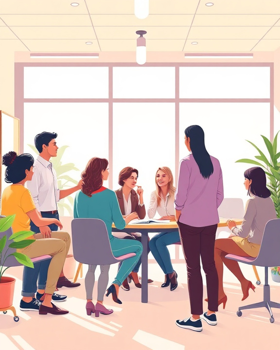 Un gruppo eterogeneo di persone è seduto attorno a un tavolo rotondo in un ambiente luminoso e accogliente, probabilmente un ufficio o uno spazio di coworking. Sembrano impegnati in una discussione collaborativa o una sessione di brainstorming, mostrando un'atmosfera di interazione sociale e supporto reciproco.