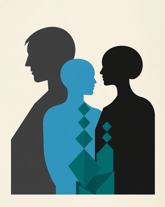 Tre persone di colore nero, blu e verde, con delle forme geometriche sul corpo della figura centrale, un disegno con uno sfondo neutro per il giornale.