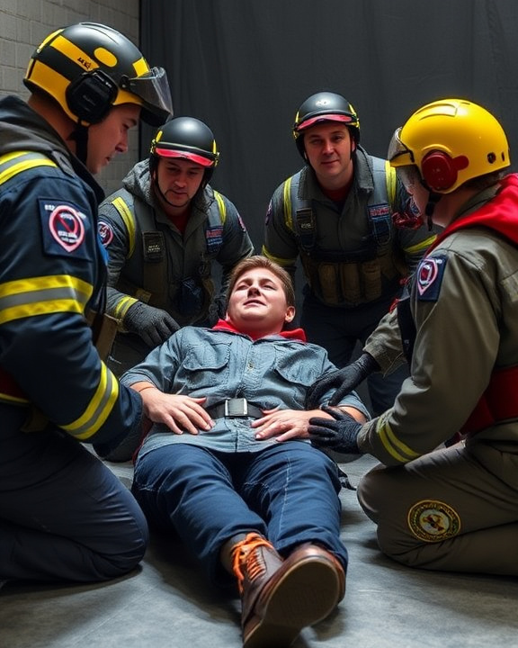 A realistic scene showing a rescue team interacting with simulated victims in emotional distress.