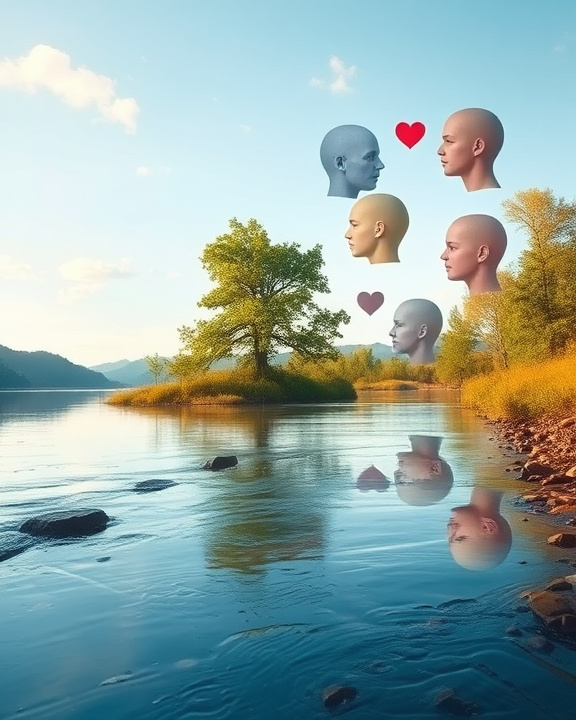 Heads of people on a lake