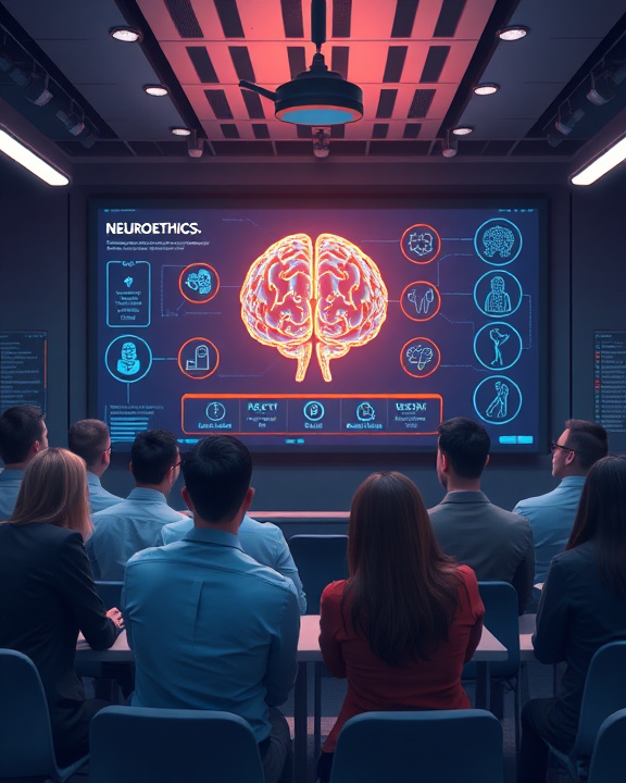 A scene depicting the ethical considerations of neurotechnology, featuring a diverse group of people discussing in front of a digital screen displaying brain data and ethical symbols.