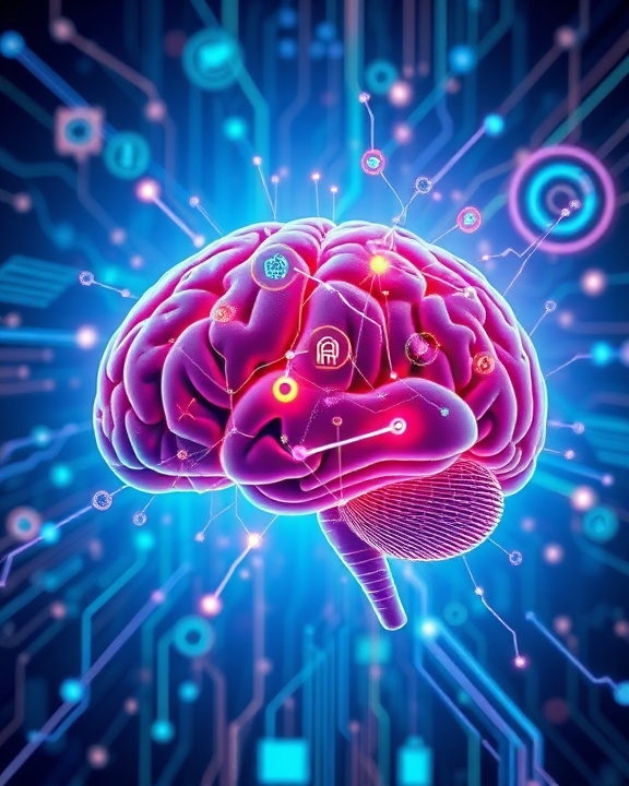 A futuristic illustration of neurotechnology, showcasing a brain with visible neural connections and technological interfaces.
