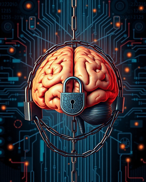 An artistic representation of the concept of cognitive rights in the digital age, depicting a brain enclosed by digital locks and chains, symbolizing the protection of mental autonomy and privacy.