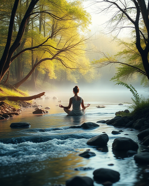 Woman meditating in a river.