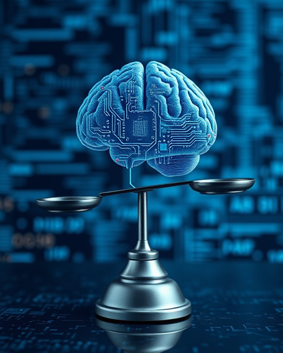 Rappresentazione grafica di un cervello umano stilizzato con circuiti elettronici, bilanciato su una bilancia, che simboleggia l'equilibrio tra intelligenza umana e artificiale