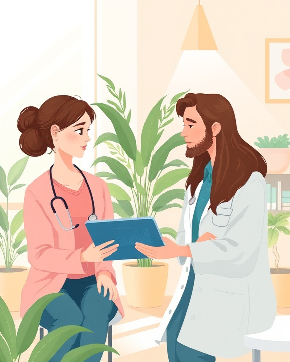 Due professionisti della salute che discutono di un caso clinico, con un'illuminazione che suggerisce chiarezza e trasparenza