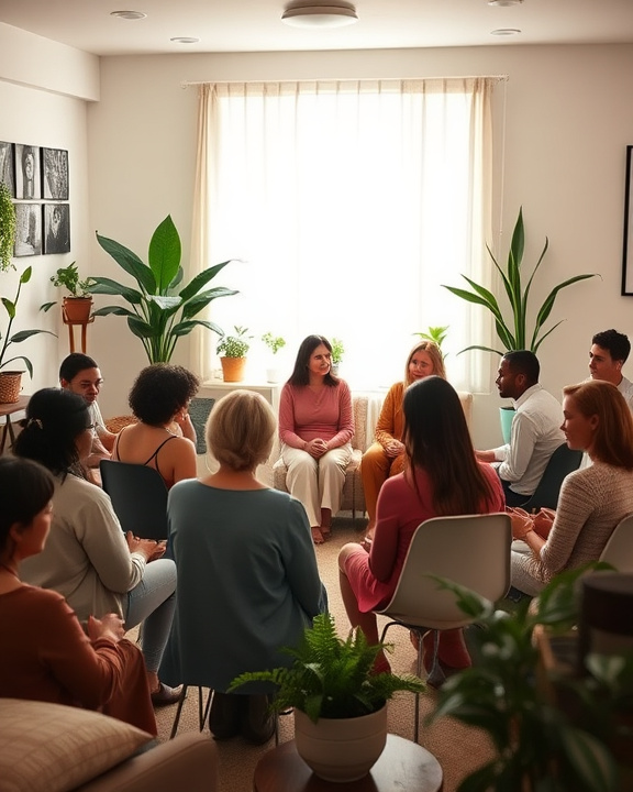 A group of people sitting in a circle in what appears to be a therapy session.