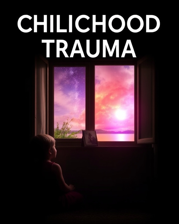 CHILICHOOD TRAUMA written in big white letters against a dark background, with a child silhouetted against a brightly colored window below.