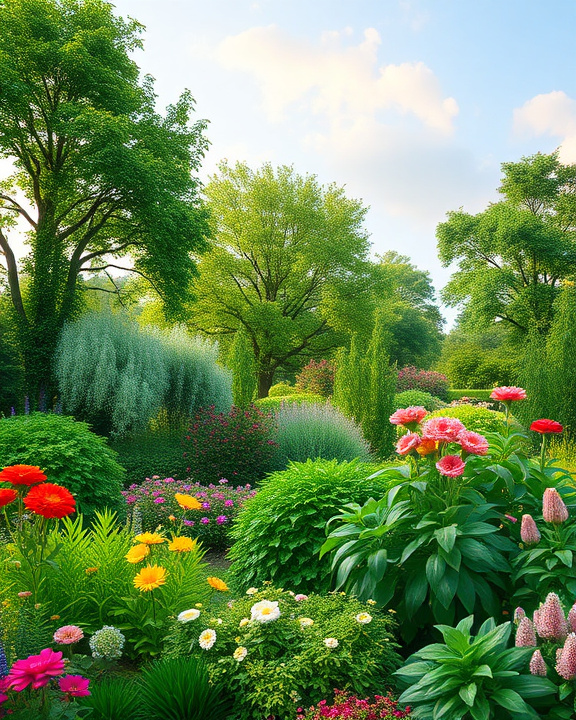 Un vibrante giardino fiorito con una variet&agrave; di piante verdi e fiori di diversi colori come rosso, giallo e rosa. Il cielo &egrave; azzurro con nuvole bianche.