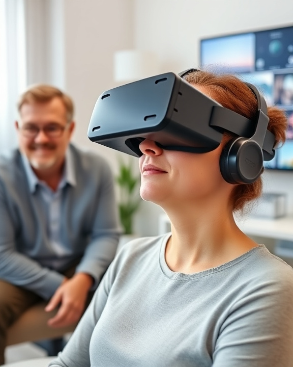 A woman wearing a VR headset with a person sitting behind her.