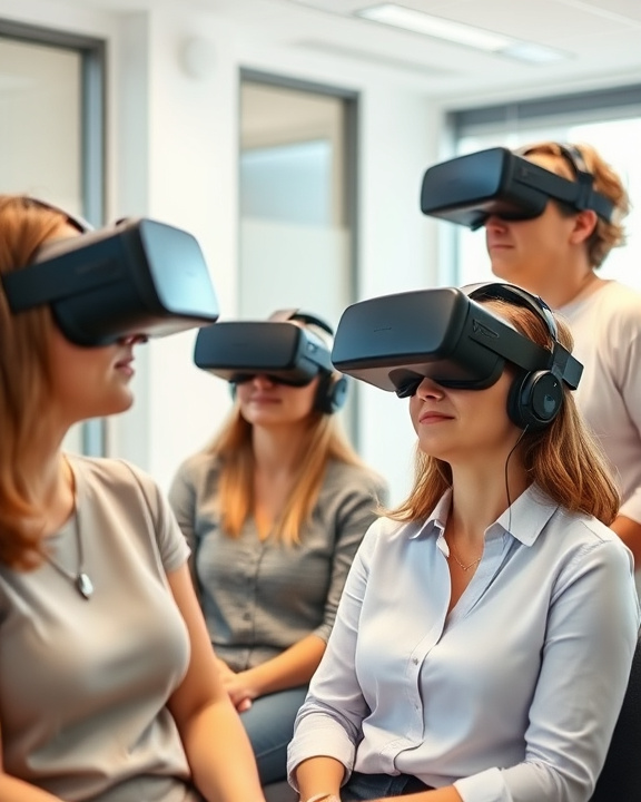 Several people are sitting in a room, all wearing VR headsets