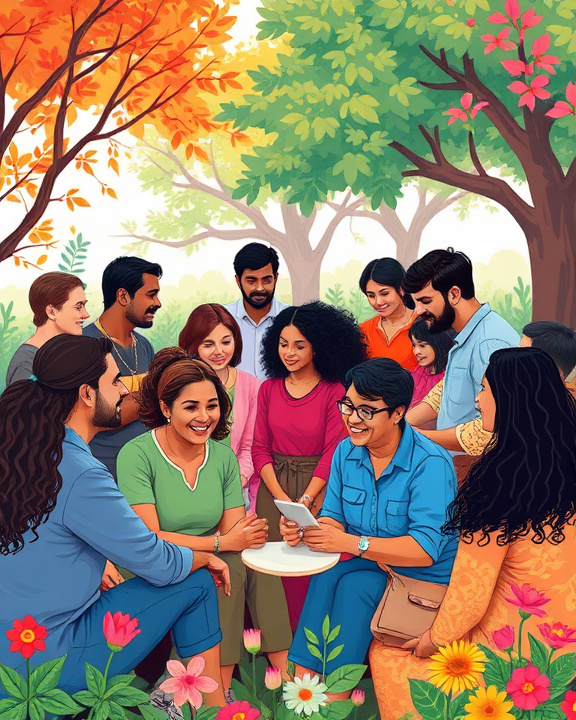 A diverse group of people sitting together under trees, interacting and smiling.