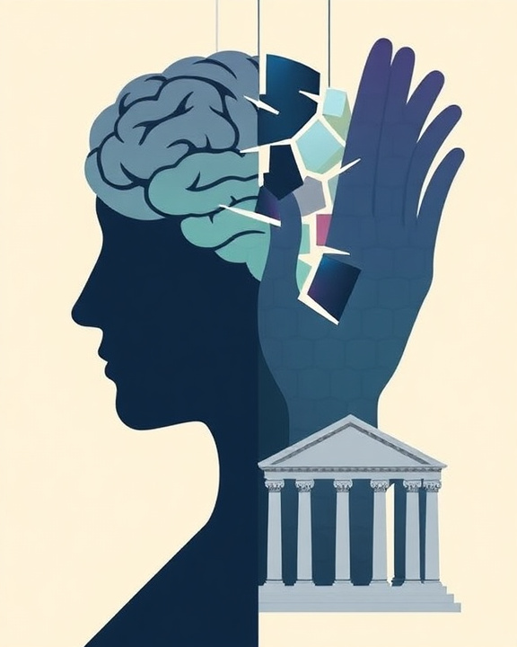 Brain and hand breaking apart looking at a building