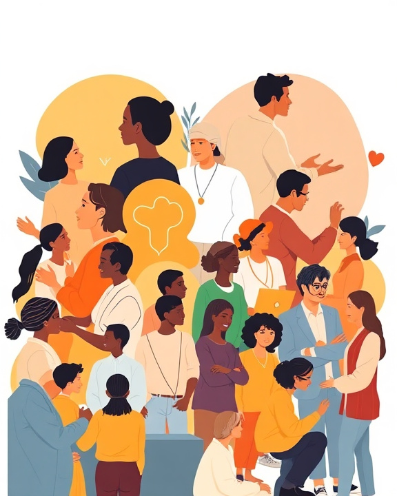 A diverse group of people gesturing and talking