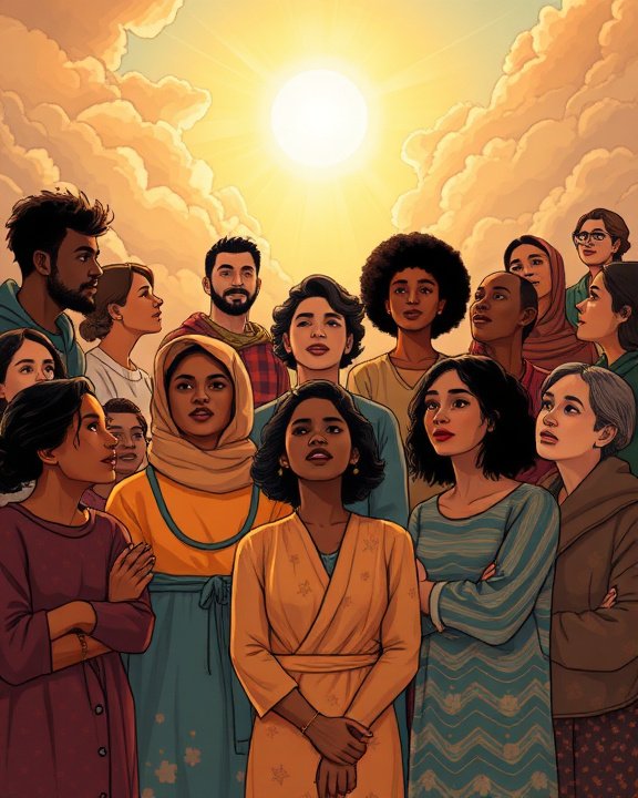 A diverse group of people looking up at the sky with sun shining