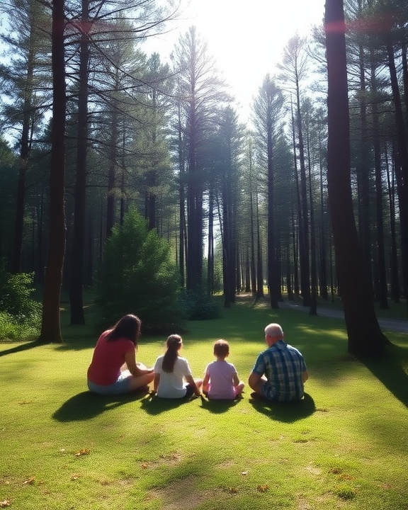 A serene view of a forest with a family sitting together