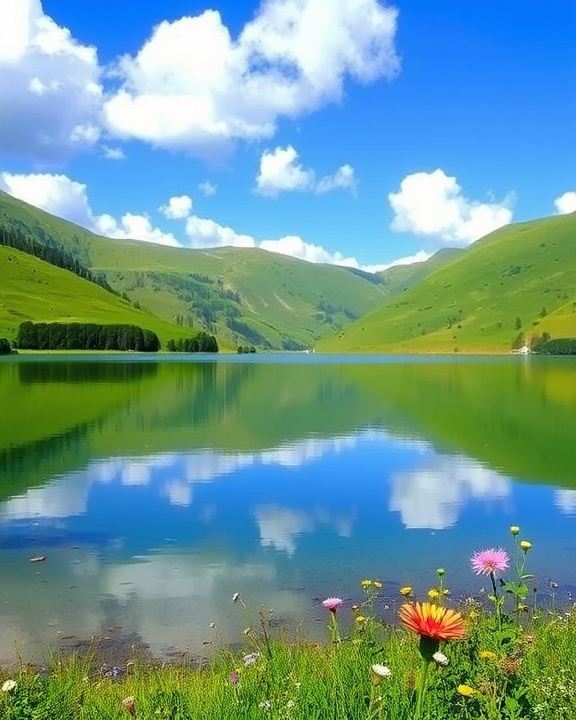 A serene landscape with a lake reflecting the blue sky and white clouds, surrounded by lush green hills, with wildflowers blooming in the foreground.