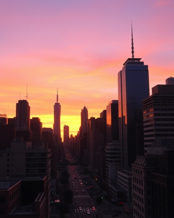 A city skyline at sunset, with tall buildings silhouetted against an orange and pink sky, and a street with cars visible below.