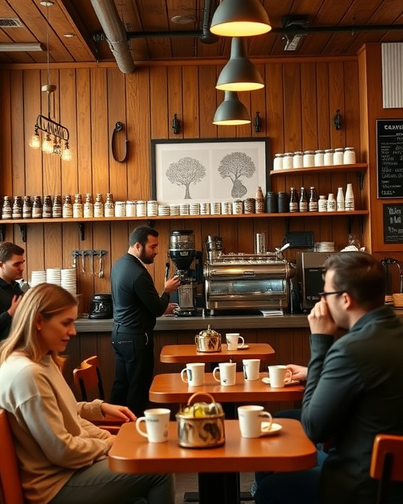 The interior of a cozy cafe with wooden walls and shelves stocked with various jars and bottles. Several customers are seated at tables, and a barista is preparing coffee at a machine.