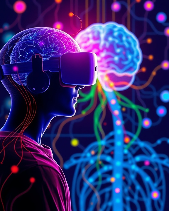 Persona che indossa un visore VR, con dietro un cervello illuminato da cui partono dei filamenti colorati.