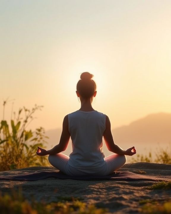Persona che medita al tramonto, seduta con la schiena rivolta verso il sole. Sembra emanare calore luminoso dalla schiena.
