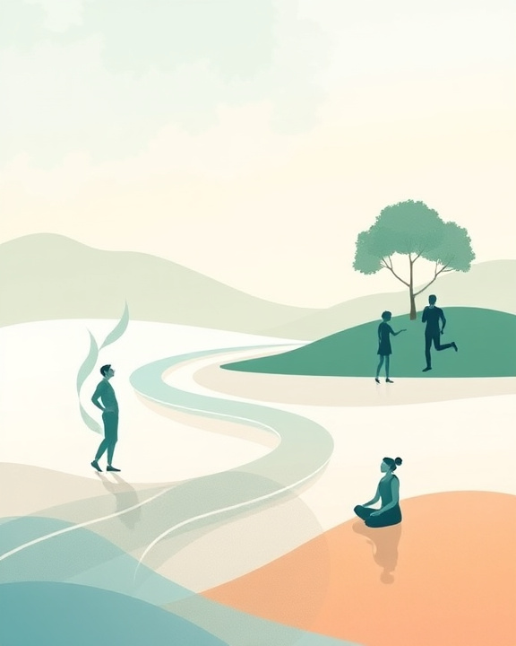 People engaging in self-care activities in a serene landscape