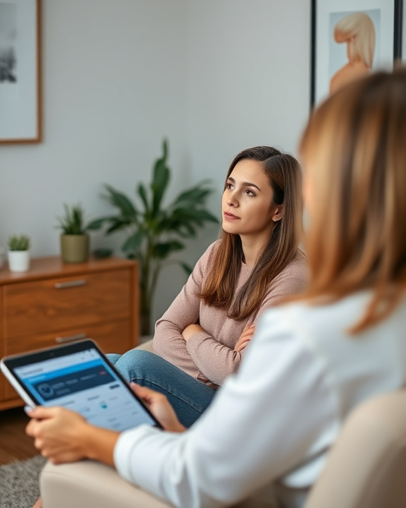 una donna con i capelli castani, vestita con un maglione color prugna, &egrave; seduta di profilo su un divano grigio con le braccia incrociate e le gambe accavallate.