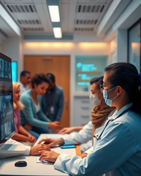 Diverse persone in camice medico circondano uno schermo computer. Al centro dell'immagine, la figura di profilo di una donna con la mascherina, indossa un camice bianco e occhiali.