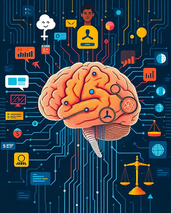 illustrazione che mostra una rappresentazione stilizzata di un cervello umano al centro, con vari simboli e icone interconnessi da linee luminose blu su uno sfondo scuro.