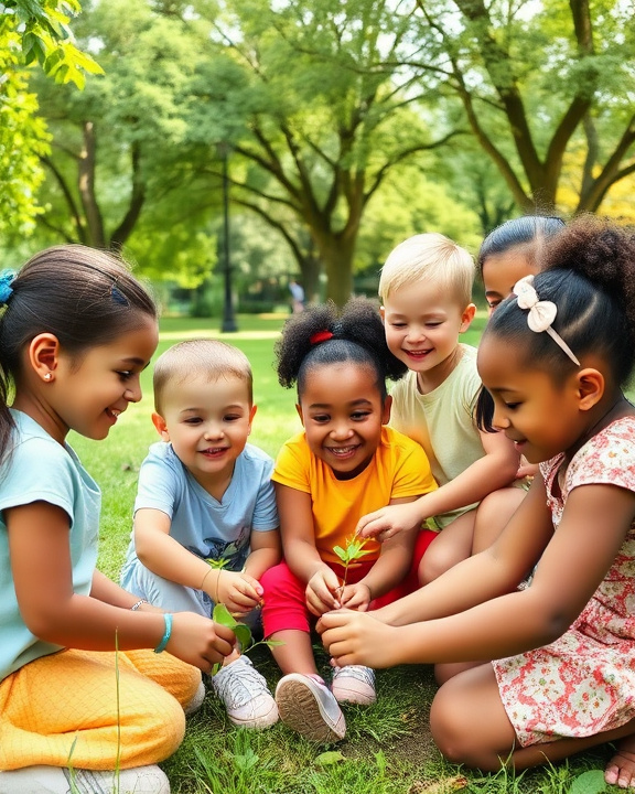 A diverse group of children exploring nature, engaging in collaborative play and learning, portraying social interaction and emotional well-being in a vibrant park setting.