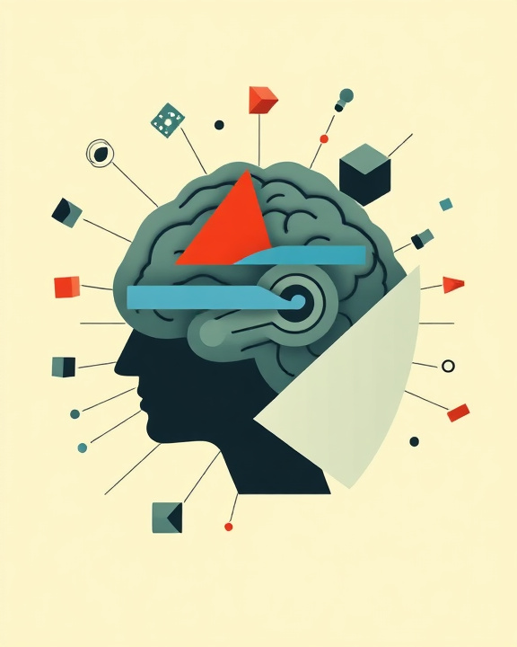 Stylized human brain composition with geometric shapes representing different areas affected by chronic stress.