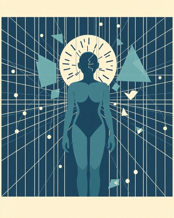 A depiction of a human figure surrounded by geometric shapes and lines, suggesting a network or digital influence.