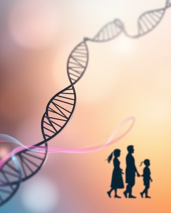 Una doppia elica di DNA si snoda su uno sfondo sfumato arancione e rosa, con una sagoma di una famiglia (madre, padre e figlia) che cammina sullo stesso sfondo.