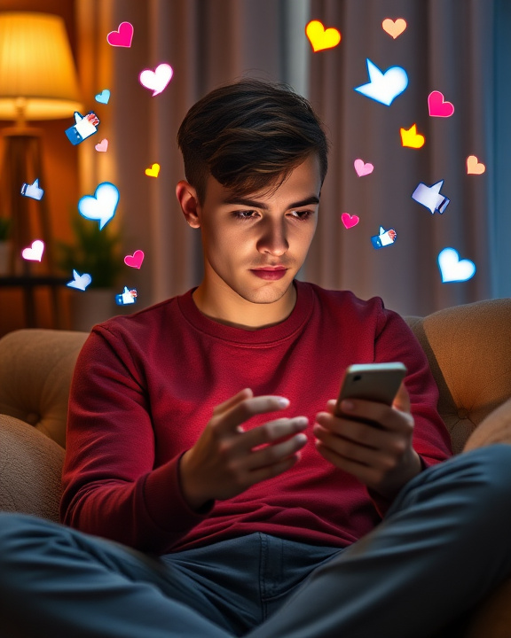 A visual representation of social media influence on human connections. Depict a young adult sitting in a cozy room, scrolling through their smartphone with a distant look in their eyes, surrounded by colorful social media notifications.