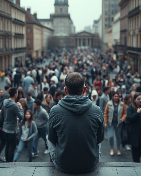 An artistic interpretation of the theme of chronic loneliness. Show an individual sitting alone in a crowded city square, surrounded by people but visibly disconnected. The person's expression should reflect feelings of isolation and sadness.