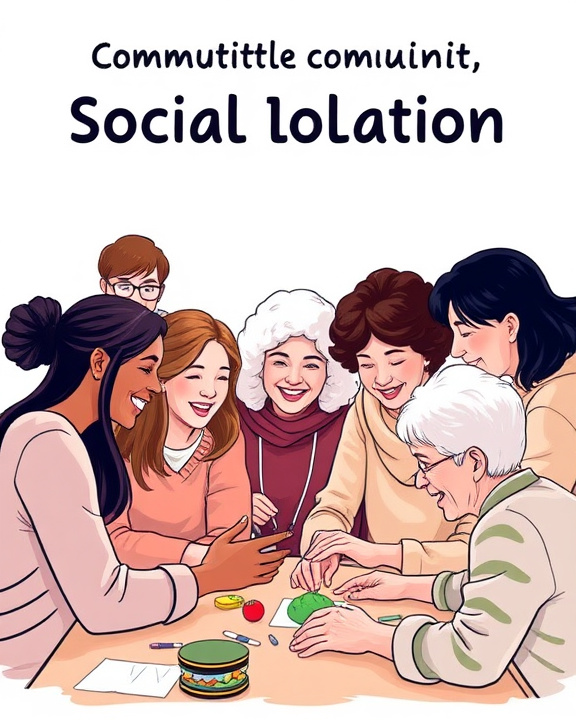 Illustrate a community event aimed at combating social isolation. Show a diverse group of people of different ages, including young adults and elderly individuals, engaged in a joyful activity together.