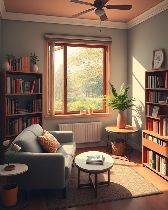 A psychiatrist's office, cozy and warm, with a couch, bookshelf, and garden view.