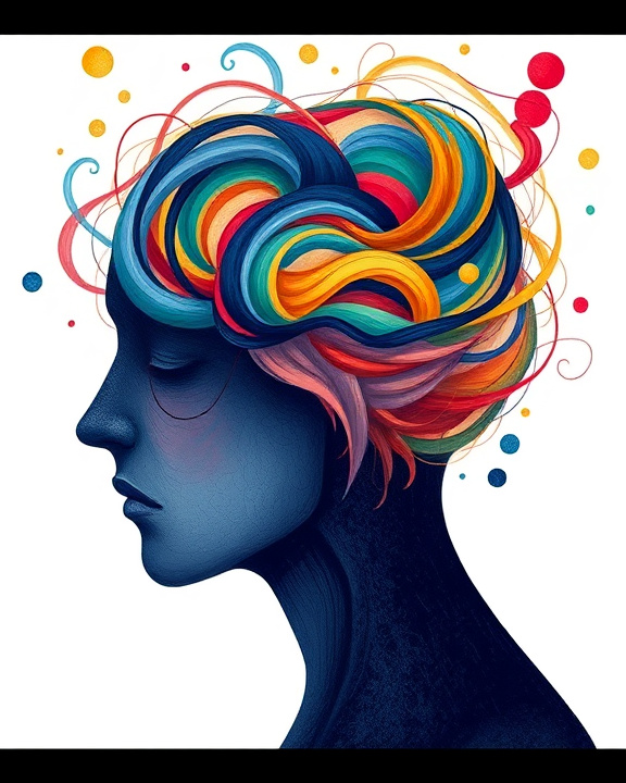 An abstract illustration of a person's mind with swirling colors, representing complexity of mental health and identity.